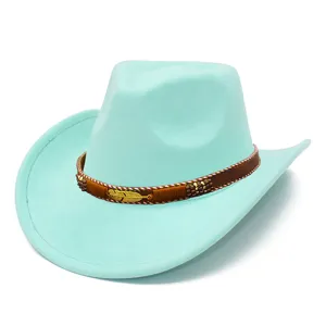 Light blue suede cowboy hat with brown band and metal leaf charm for women and men jazz style.