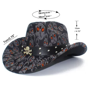 Black gothic skull cowboy hat with leather band studs and metal ornament for party.