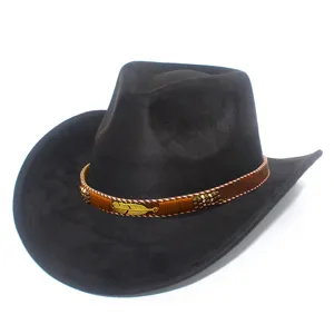 Close up view of the black suede cowboy hat showcasing the metal leaf decorative belt detail.