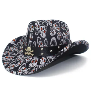 Close-up detail view of black punk style skull pattern cowboy hat featuring metal rivet leather band.