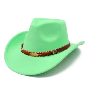 Detailed view of green suede cowboy hat with brown leather strap and golden leaf charm.
