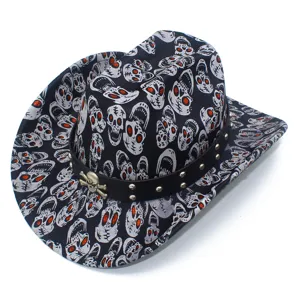 Skull cowboy hat for party and festival, punk style black jazz hat with metal studs.