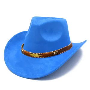 Blue suede cowboy hat with brown leather band and gold feather charm jazz hat outdoor fashion