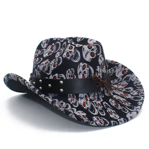 Skull print cowboy hat with studded leather band and metal rivets for party and daily wear.
