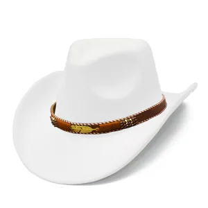 Detail view of the white suede cowboy hat featuring a brown band with a metallic leaf charm.