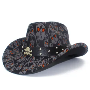Skull cowboy hat with metal rivet band and glitter details for festival party costume wear.