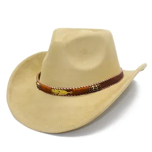 Close-up view of beige faux suede cowboy hat featuring beaded band and metal leaf accent.