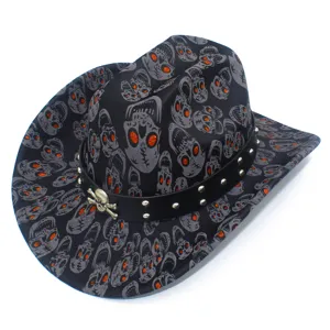 Detailed close-up of gothic skull pattern cowboy hat with stud leather band and metal skull accent.