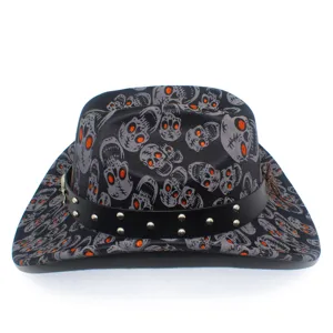 Detail view of the punk style skull pattern cowboy hat, featuring metal rivets and leather belt.