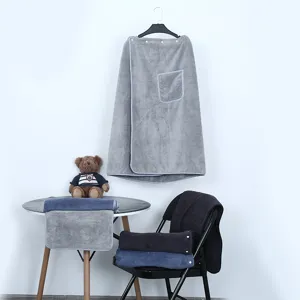Grey coral fleece wearable bath skirt and towel set for adults, absorbent and comfortable home use.