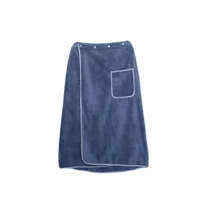Blue coral fleece wearable bath towel with snap buttons and practical pocket for daily spa use.
