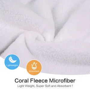 White coral fleece microfiber fabric detail, lightweight super soft absorbent material.