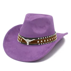Purple suede cowboy hat, stylish vintage jazz fedora with metal bull skull and studded band.