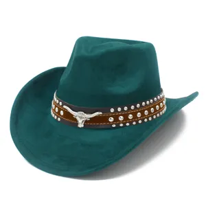 Dark green suede western cowboy hat with metal bull skull and stud band for fashion outdoor.