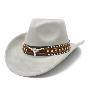 Grey suede cowboy hat with metallic longhorn and studs, stylish western jazz hat for adults.