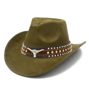 Close-up of brown suede cowboy hat featuring metal studs and a silver longhorn skull band.