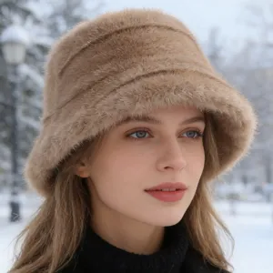 Women Plush Solid Color Bucket Hat Winter Warm Windproof Wide Brim Faux Fur Basin Hat Fashion Pleated Fisherman Cap Casual Everyday