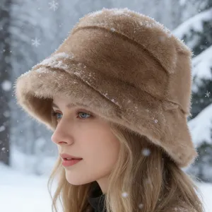 Women winter warm plush bucket hat soft thick faux fur fisherman hat outdoor chic