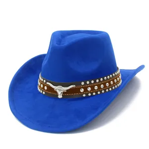 Blue suede cowboy hat with studded band and bull skull detail for men and women western style