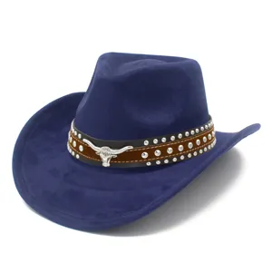 Blue suede cowboy hat for men and women, featuring a metal bull skull and rivet band, retro style.