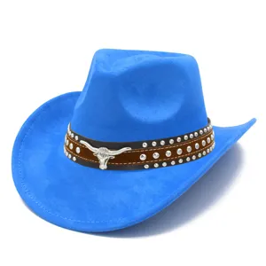 Blue suede cowboy hat featuring a brown studded band and silver bull skull emblem detail.