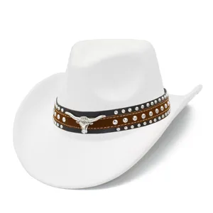 White western cowboy hat with studded brown band and silver bull skull emblem for adults fashion.