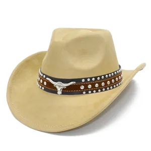 Stylish faux suede cowboy hat with studded band and bull skull detail for western fashion.