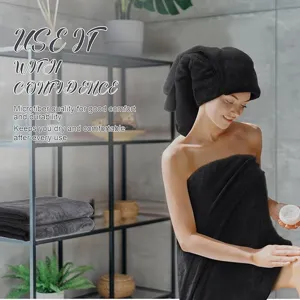 Set asciugamano da bagno e turbante in microfibra nera, morbido e super assorbente.