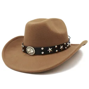 Detailed view of brown western cowboy hat with metallic star studs and black leather band.