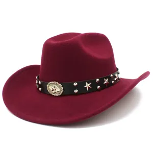 Burgundy western cowboy hat with studded star leather band for punk parties and fashion wear.