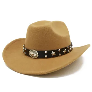 Stylish khaki cowboy hat with black leather strap, metal stars, and vintage buckle detail.