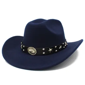 Dark blue felt western cowboy hat with black leather strap, star studs, and metal buckle.