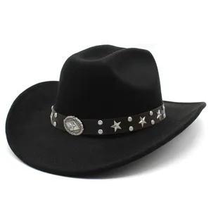 Punk style black felt cowboy hat with star studs, perfect for parties and fashion daily wear.
