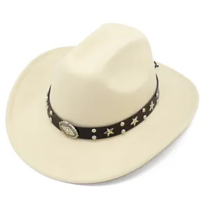 Detailed close-up of stylish punk western cowboy hat with metal stars, off-white.