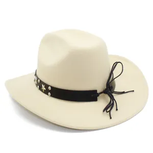 Close-up of beige western cowboy hat with black leather studded band and cord bow detail.