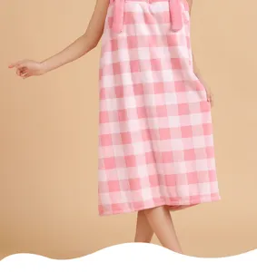 Pink white plaid wearable bath towel detail, soft coral fleece absorbent shower dress view.
