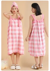 Coral velvet plaid wearable bath towel dress and dry hair cap set, soft, absorbent, comfortable.