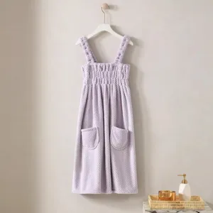 Soft coral fleece wearable bath towel dress with straps, absorbent shower wrap for women.