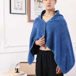 Adult hooded wearable bath towel cape soft absorbent blue bathing wrap poncho for swim beach
