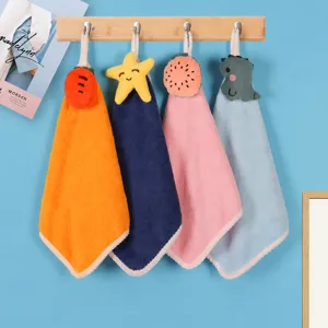Hanging hand towel cute cartoon plush coral fleece absorbent kitchen bathroom towel 4 pack