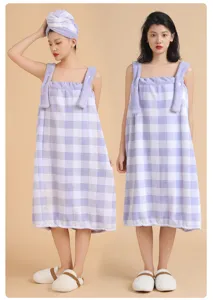 Coral fleece plaid wearable bath towel set with hair cap, soft absorbent adult bath dress.