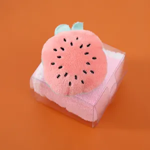Cute coral fleece hand towel boxed with plush fruit toy, soft and absorbent for kids daily use.