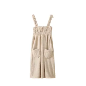 Coral fleece wearable bath towel dress with shoulder straps and pockets for women comfortable.