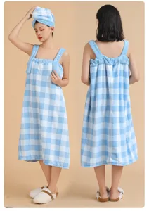 Coral velvet plaid wearable bath towel dress and matching dry hair cap, absorbent soft.