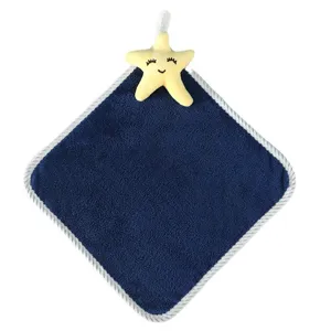 Blue coral fleece hanging hand towel with cute plush star toy, absorbent kindergarten towel.