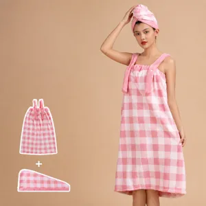 Coral Fleece Plaid Bath Skirt And Hair Drying Cap Set Absorbent Adjustable Wearable Bath Towel For Women Home Bathing