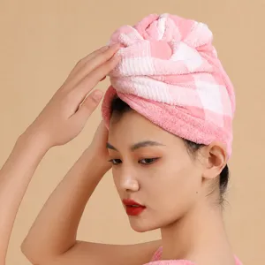 Pink plaid coral fleece hair drying cap for women, quick dry soft shower towel wrap, cute bath hat.