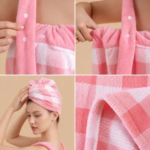 Coral fleece plaid wearable bath towel set with adjustable straps and drying cap for women.