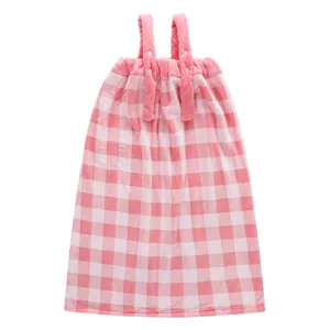 Pink plaid wearable bath towel for women, soft absorbent coral fleece shower dress.