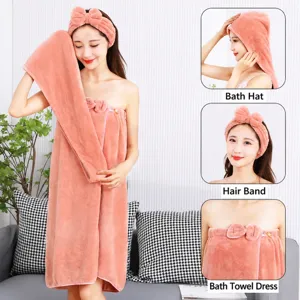 Koraalvleece badhanddoek rok set met hoofdband en haarcap, zacht en sterk absorberend.